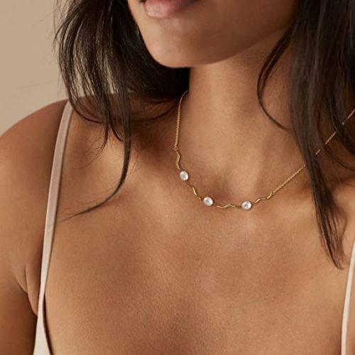 TEWIKY Fine Jewlry Necklaces Pearl Bar Choker Necklace Gold