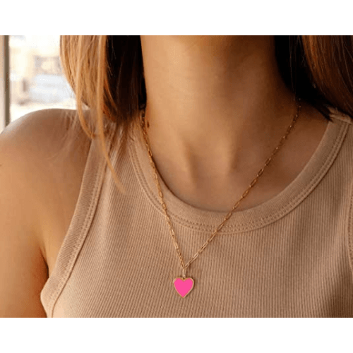 TEWIKY Fine Jewlry Necklaces Pink Heart Pendant with Paperclip Chain Necklace Gold