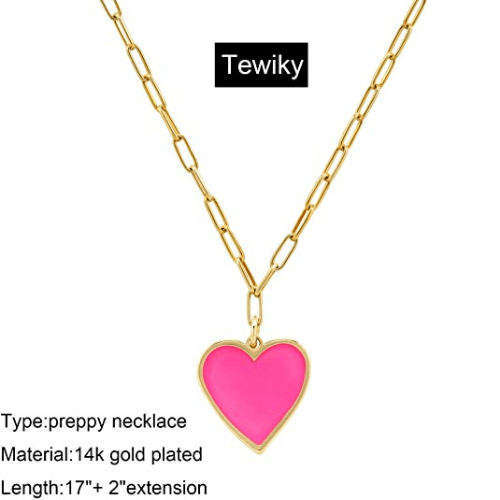 TEWIKY Fine Jewlry Necklaces Pink Heart Pendant with Paperclip Chain Necklace Gold