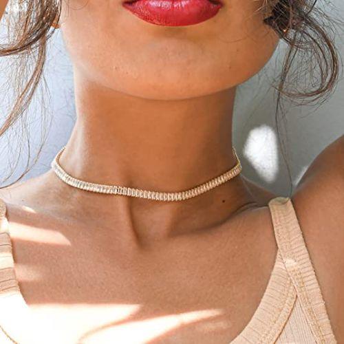 TEWIKY Fine Jewlry Necklaces Rectangle CZ Tennis Choker Necklace Gold
