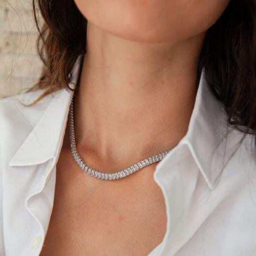 TEWIKY Fine Jewlry Necklaces Rectangle CZ Tennis Choker Necklace Silver
