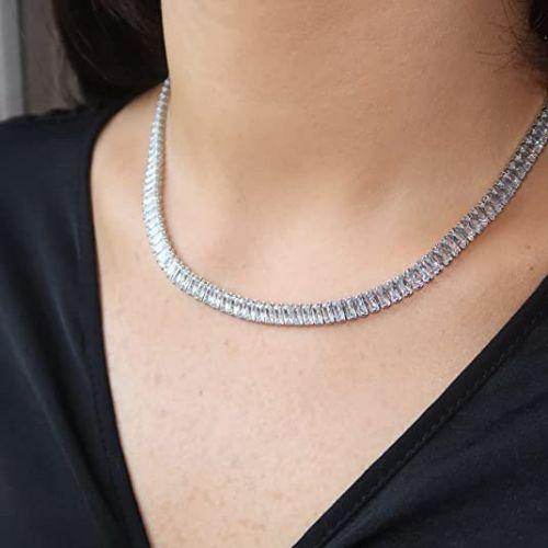 TEWIKY Fine Jewlry Necklaces Rectangle CZ Tennis Choker Necklace Silver