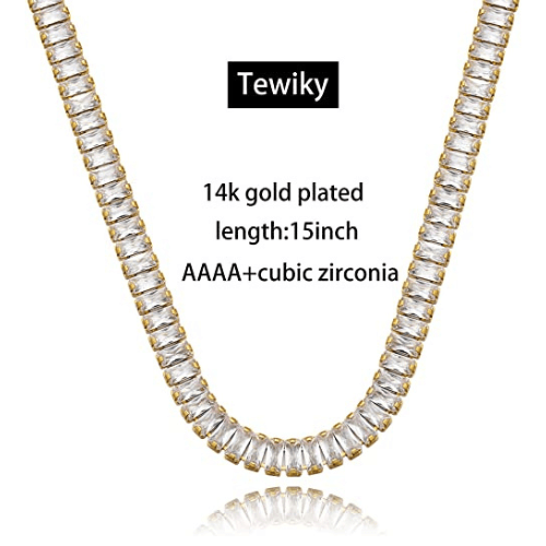 TEWIKY Fine Jewlry Necklaces Rectangle CZ Tennis Choker Necklace Gold