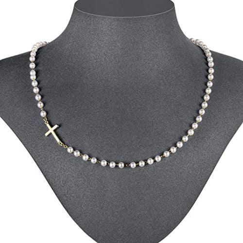 TEWIKY Fine Jewlry Necklaces Sideway Cross Pearl Choker Necklace Gold