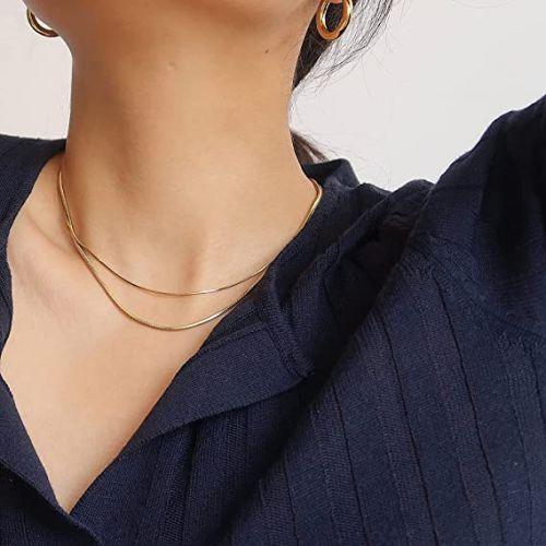 TEWIKY Fine Jewlry Necklaces Simple Flat Snake Chain Necklace 14inch Gold