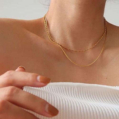 TEWIKY Fine Jewlry Necklaces Simple Flat Snake Chain Necklace 16.5inch Gold