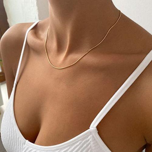 TEWIKY Fine Jewlry Necklaces Simple Flat Snake Chain Necklace 16.5inch Gold