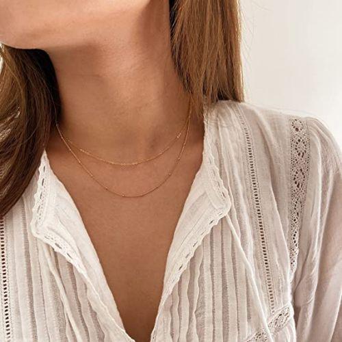 TEWIKY Fine Jewlry Necklaces Simple Layered Beaded Chain Necklace Gold