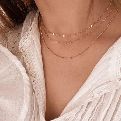 TEWIKY Fine Jewlry Necklaces Simple Layered Beaded Chain Necklace Gold