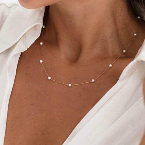 TEWIKY Fine Jewlry Necklaces Simple Pearl Choker Necklace Gold