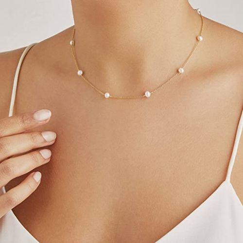 TEWIKY Fine Jewlry Necklaces Simple Pearl Choker Necklace Gold