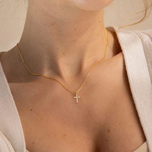TEWIKY Fine Jewlry Necklaces Sparking Cross CZ Pendant Necklace Gold