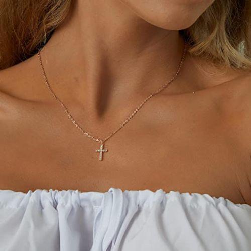 TEWIKY Fine Jewlry Necklaces Sparking Cross CZ Pendant Necklace Rose Gold
