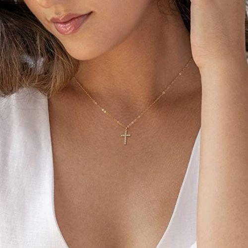 TEWIKY Fine Jewlry Necklaces Sparking Cross CZ Pendant Necklace Gold