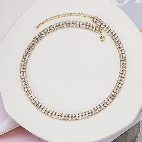 TEWIKY Fine Jewlry Necklaces Sparking Rhinestone Double Layer Tennis Necklaces Gold