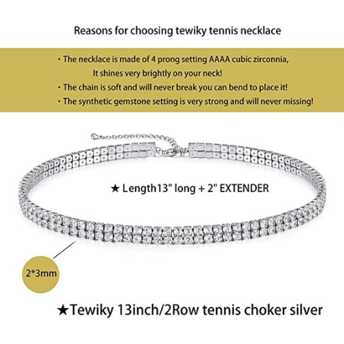 TEWIKY Fine Jewlry Necklaces Sparking Rhinestone Double Layer Tennis Necklaces Silver