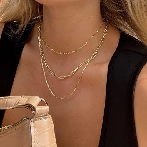 TEWIKY Fine Jewlry Necklaces Stackable Box & Paperclip & Cable Chain Necklaces Gold