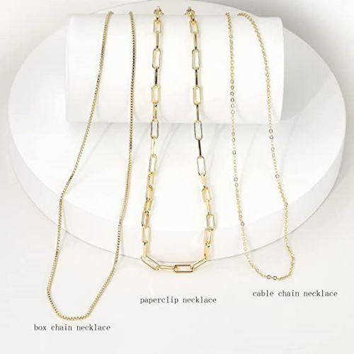 TEWIKY Fine Jewlry Necklaces Stackable Box & Paperclip & Cable Chain Necklaces Gold