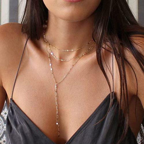 TEWIKY Fine Jewlry Necklaces Triple Chain Y Necklace Gold