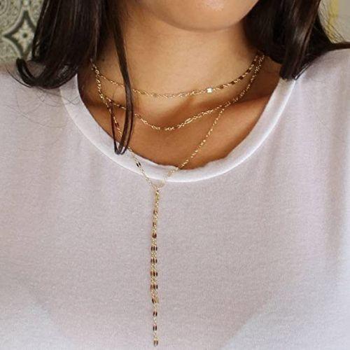 TEWIKY Fine Jewlry Necklaces Triple Chain Y Necklace Gold