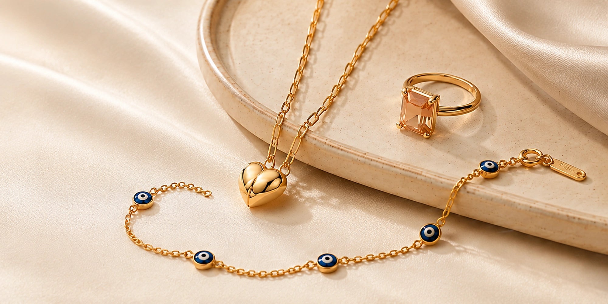 Gold heart necklace, gemstone ring and blue evil eye bracelet on warm cream fabric