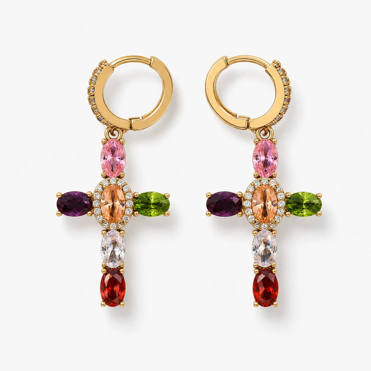 Rainbow Gemstone Cross Hoop Earrings