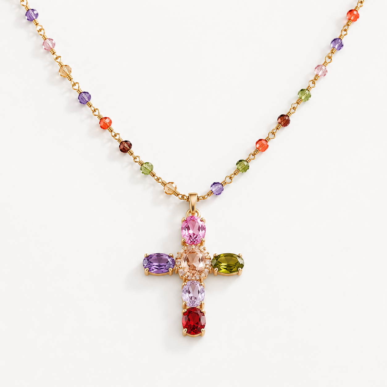 Rainbow Gemstone Cross Necklace
