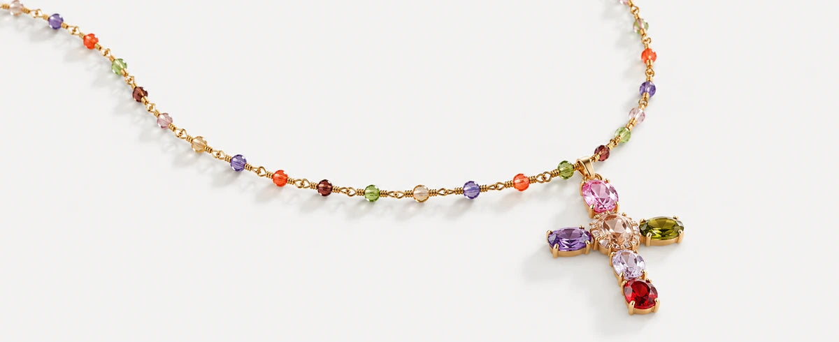 Rainbow gemstone cross necklace