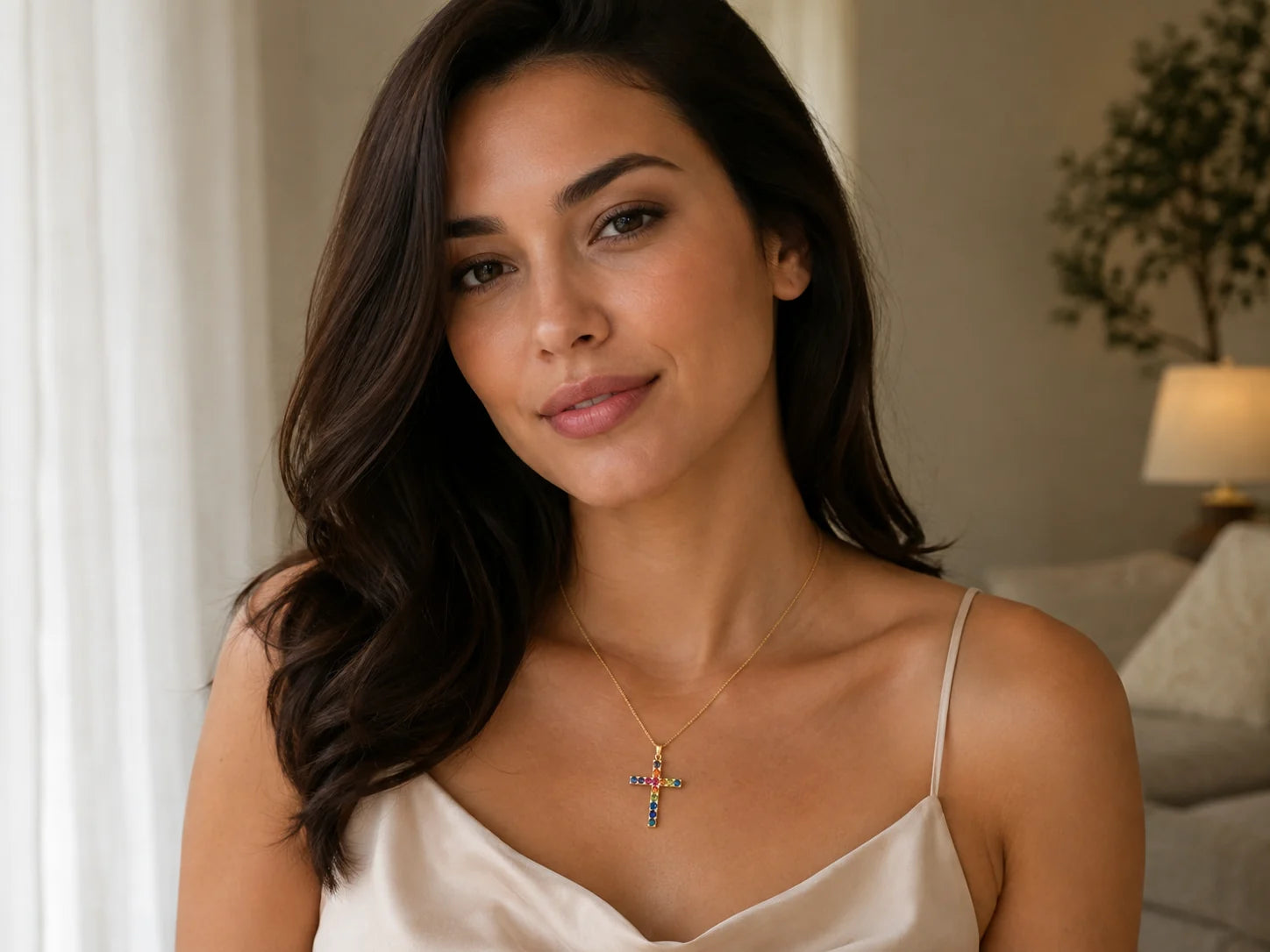 Customer-style photo wearing a rainbow cross necklace